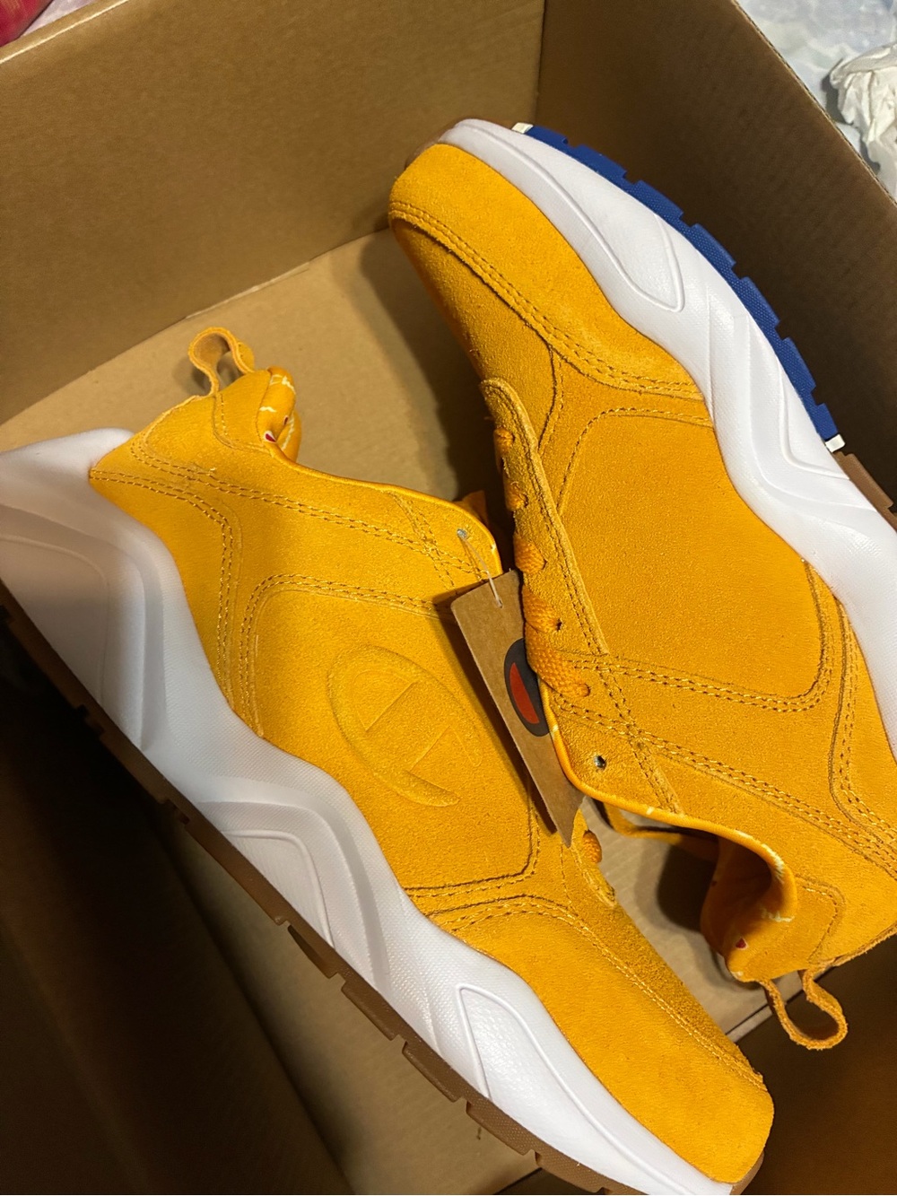 Champion Kids Suede Sneakers in Yellow with Blue Outsole Accents